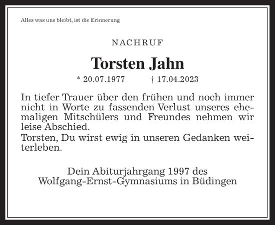 Traueranzeige von Torsten Jahn von Wetterauer Zeitung, Kreis-Anzeiger