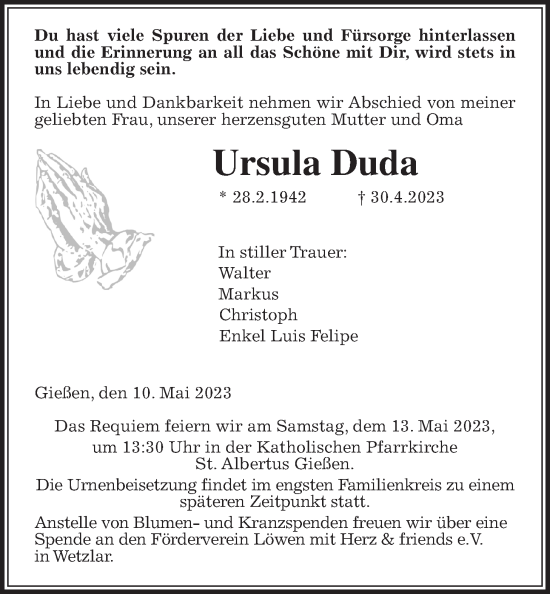 Traueranzeige von Ursula Duda von Giessener Allgemeine, Alsfelder Allgemeine