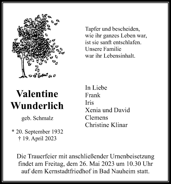 Traueranzeige von Valentine Wunderlich von Wetterauer Zeitung