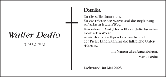 Traueranzeige von Walter Dedio von Kreis-Anzeiger