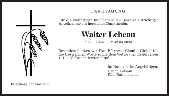 Traueranzeige von Walter Lebeau von Wetterauer Zeitung