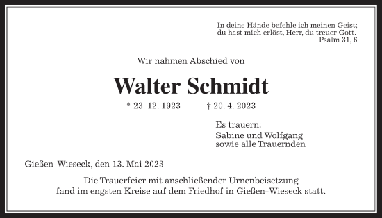 Traueranzeige von Walter Schmidt von Giessener Anzeiger, Giessener Allgemeine, Alsfelder Allgemeine
