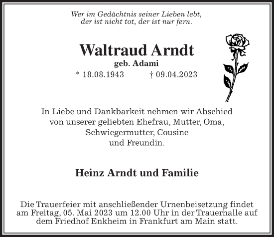 Traueranzeige von Waltraud Arndt von Bad Vilbel/Karben