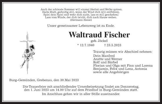 Traueranzeige von Waltraud Fischer von Alsfelder Allgemeine