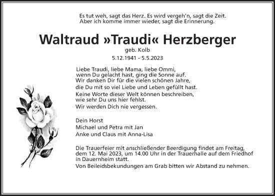 Traueranzeige von Waltraud Herzberger von Kreis-Anzeiger
