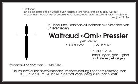 Traueranzeige von Waltraud Pressler von Rabenauer Zeitung, Giessener Allgemeine, Alsfelder Allgemeine