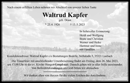 Traueranzeige von Waltrud Kapfer von Giessener Allgemeine, Alsfelder Allgemeine, Giessener Anzeiger