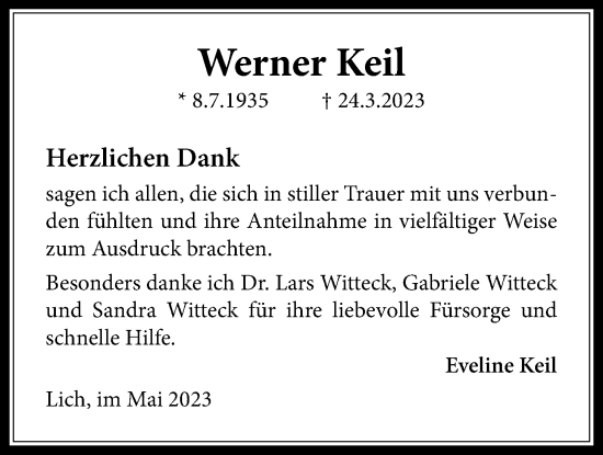 Traueranzeige von Werner Keil von Licher Wochenblatt
