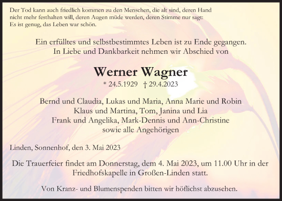 Traueranzeige von Werner Wagner von Giessener Anzeiger, Giessener Allgemeine, Alsfelder Allgemeine