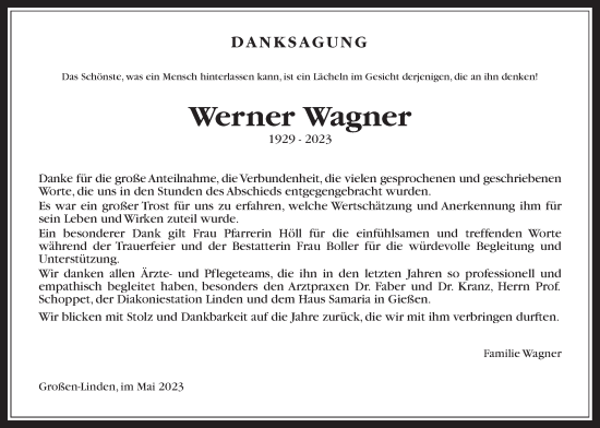 Traueranzeige von Werner Wagner von Giessener Allgemeine, Alsfelder Allgemeine, Giessener Anzeiger