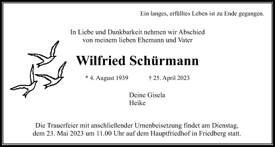 Traueranzeige von Wilfried Schürmann von Wetterauer Zeitung