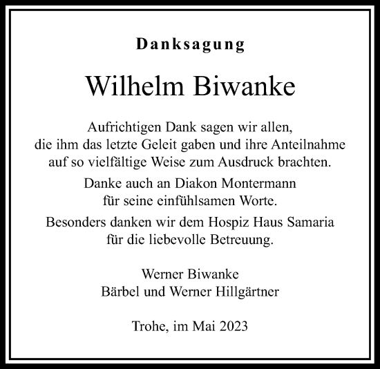 Traueranzeige von Wilhelm Biwanke von Giessener Allgemeine, Alsfelder Allgemeine, Giessener Anzeiger