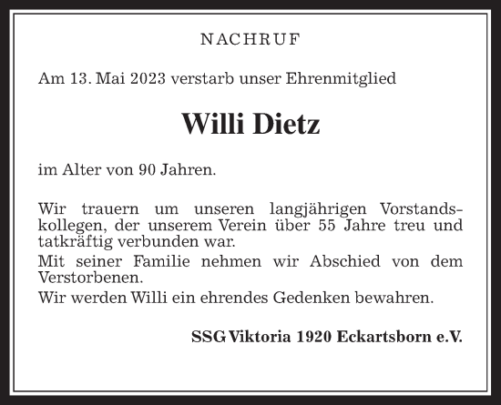 Traueranzeige von Willi Dietz von Kreis-Anzeiger