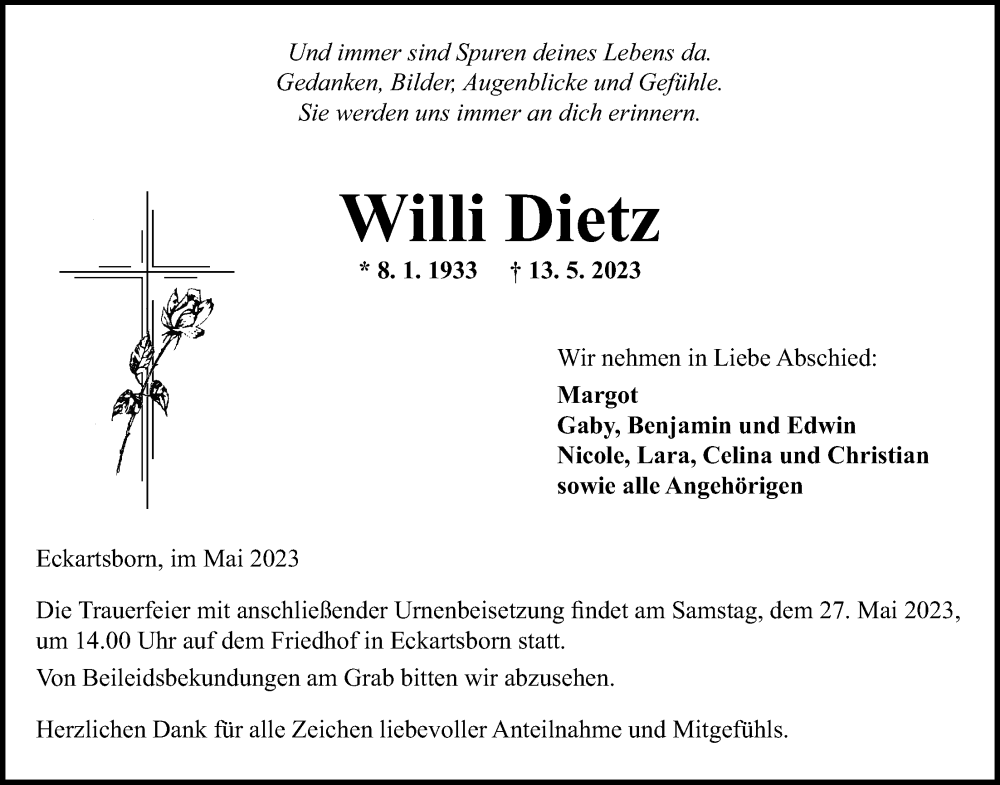  Traueranzeige für Willi Dietz vom 20.05.2023 aus Kreis-Anzeiger