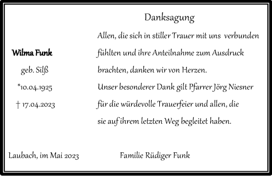 Traueranzeige von Wilma Funk von Laubacher Anzeiger