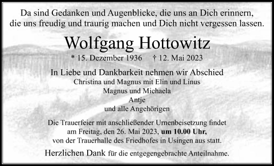 Traueranzeige von Wolfgang Hottowitz von Usinger Anzeiger