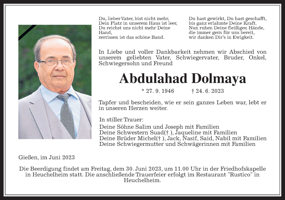  Traueranzeige für Abdulahad Dolmaya vom 30.06.2023 aus Giessener Allgemeine, Alsfelder Allgemeine