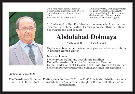Traueranzeige von Abdulahad Dolmaya von Giessener Allgemeine, Alsfelder Allgemeine
