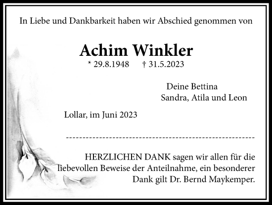 Traueranzeige von Achim Winkler von Giessener Allgemeine, Alsfelder Allgemeine, Giessener Anzeiger
