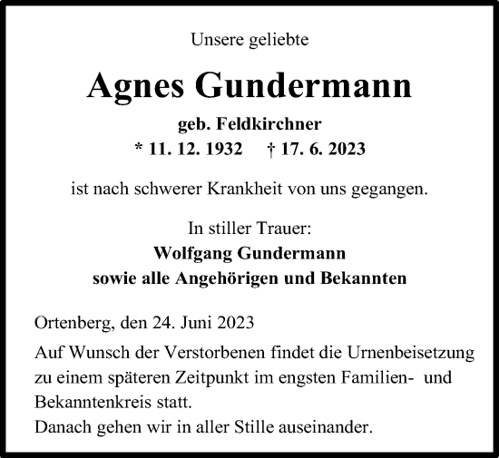 Traueranzeige von Agnes Gundermann von Kreis-Anzeiger