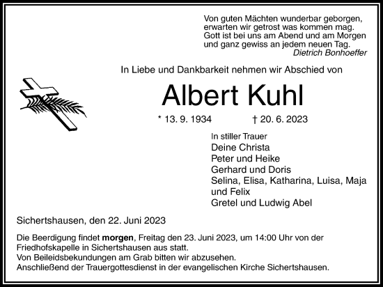 Traueranzeige von Albert Kuhl von Giessener Anzeiger