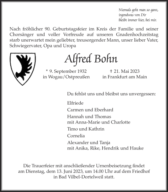 Traueranzeige von Alfred Bohn von Bad Vilbel/Karben