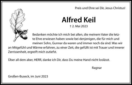 Traueranzeige von Alfred Keil von Giessener Allgemeine, Alsfelder Allgemeine, Giessener Anzeiger