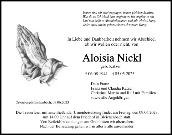 Traueranzeige von Aloisia Nickl von Kreis-Anzeiger