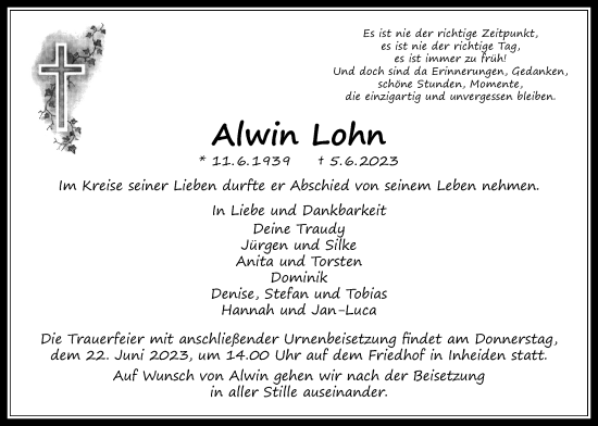 Traueranzeige von Alwin Lohn von Giessener Allgemeine, Alsfelder Allgemeine