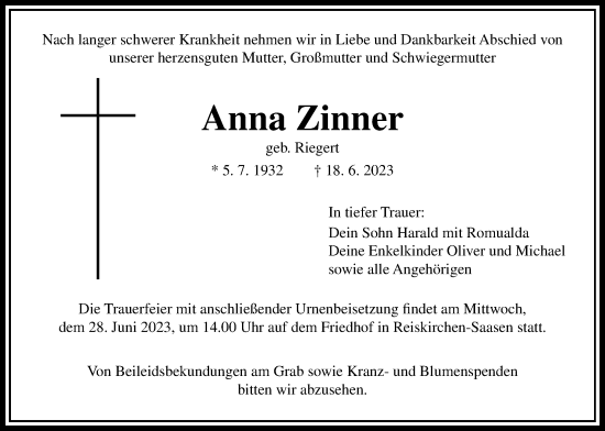 Traueranzeige von Anna Zinner von Giessener Anzeiger, Giessener Allgemeine, Alsfelder Allgemeine