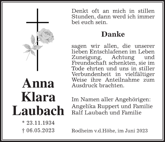 Traueranzeige von Anna Klara Laubach von Wetterauer Zeitung
