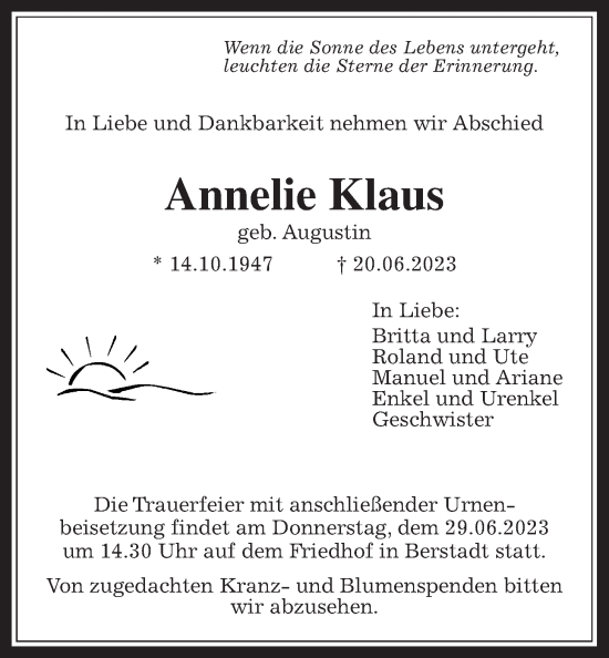 Traueranzeige von Annelie Klaus von Wetterauer Zeitung
