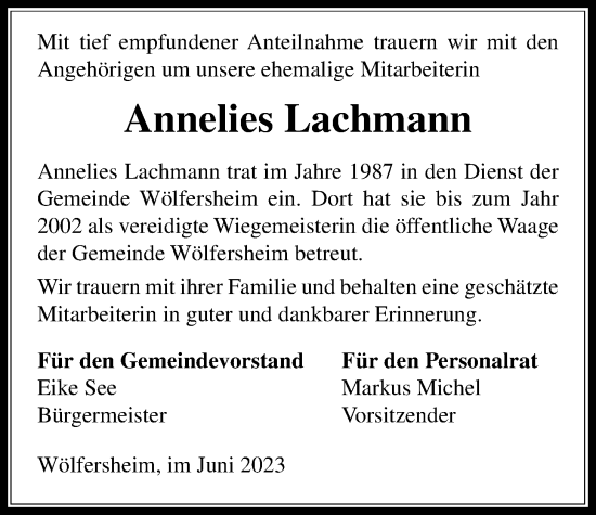Traueranzeige von Annelies Lachmann von Wetterauer Zeitung