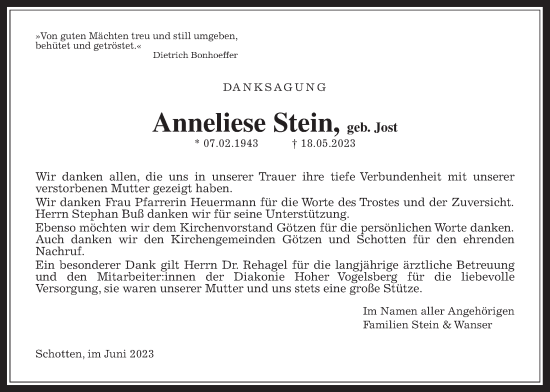 Traueranzeige von Anneliese Stein von Kreis-Anzeiger