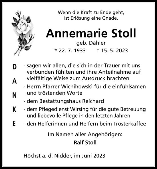 Traueranzeige von Annemarie Stoll von Kreis-Anzeiger