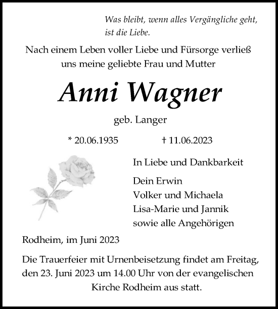 Traueranzeige von Anni Wagner von Giessener Anzeiger