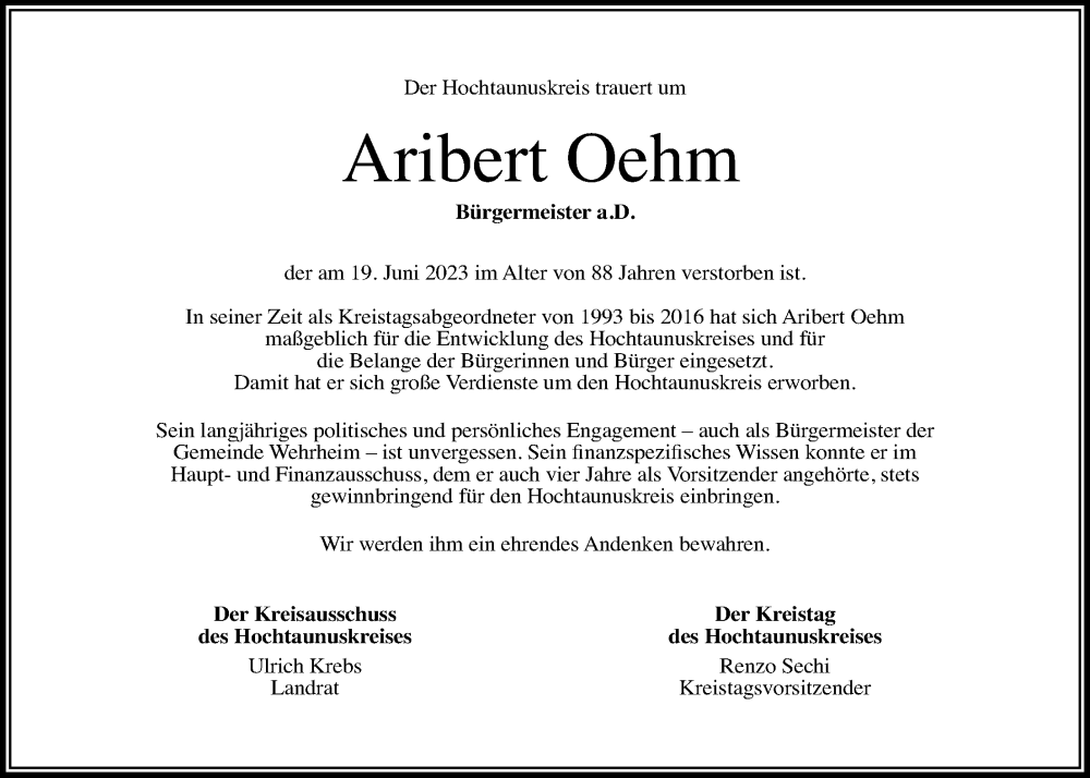  Traueranzeige für Aribert Oehm vom 30.06.2023 aus Usinger Anzeiger