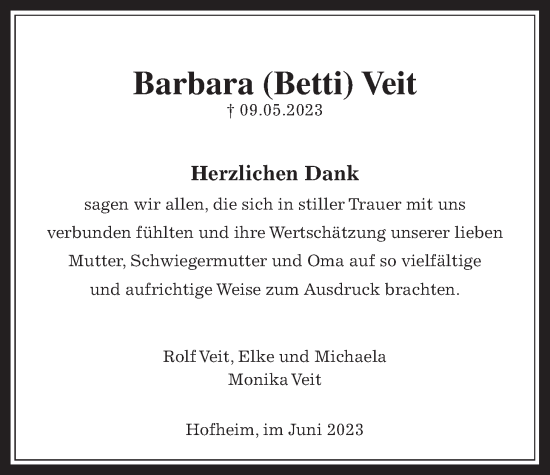 Traueranzeige von Barbara Veit 