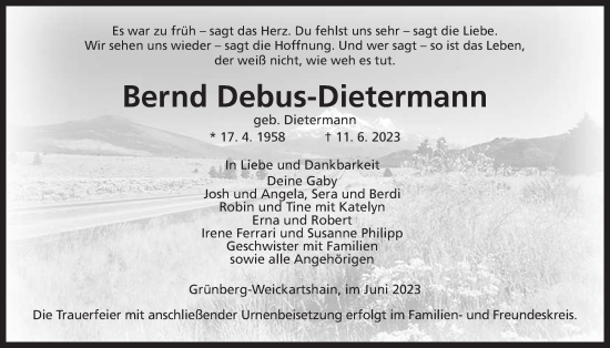 Traueranzeige von Bernd Debus-Dietermann von Giessener Allgemeine, Alsfelder Allgemeine