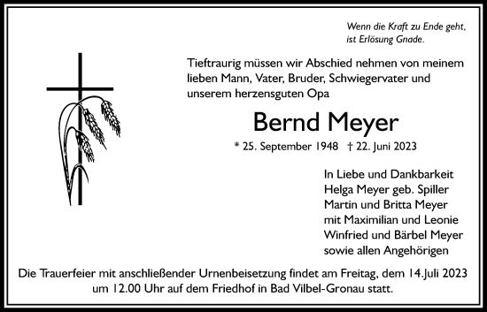 Traueranzeige von Bernd Meyer von Bad Vilbel/Karben