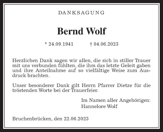 Traueranzeige von Bernd Wolf von Wetterauer Zeitung