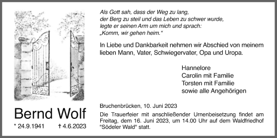 Traueranzeige von Bernd Wolf von Wetterauer Zeitung