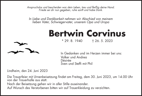 Traueranzeige von Bertwin Corvinus von Kreis-Anzeiger