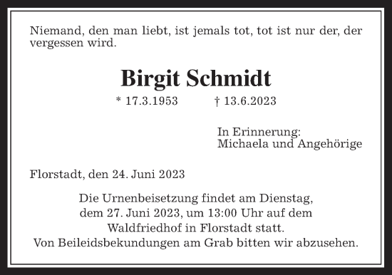 Traueranzeige von Birgit Schmidt von Wetterauer Zeitung