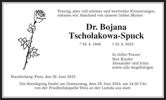 Traueranzeige von Bojana Tscholakowa-Spuck von Giessener Allgemeine, Alsfelder Allgemeine