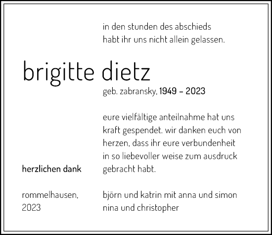 Traueranzeige von Brigitte Dietz von Wetterauer Zeitung, Kreis-Anzeiger