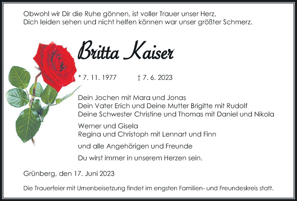  Traueranzeige für Britta Kaiser vom 17.06.2023 aus Giessener Allgemeine, Alsfelder Allgemeine