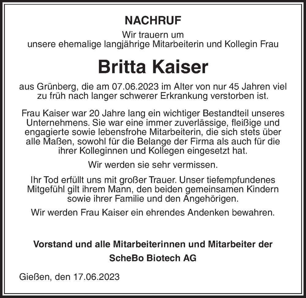  Traueranzeige für Britta Kaiser vom 17.06.2023 aus Giessener Allgemeine, Alsfelder Allgemeine