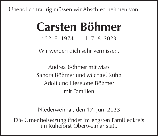 Traueranzeige von Carsten Böhmer von Giessener Allgemeine, Alsfelder Allgemeine