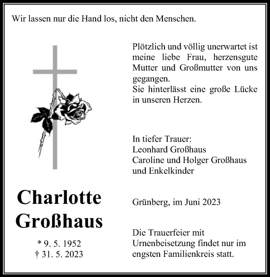 Traueranzeige von Charlotte Großhaus von Giessener Anzeiger